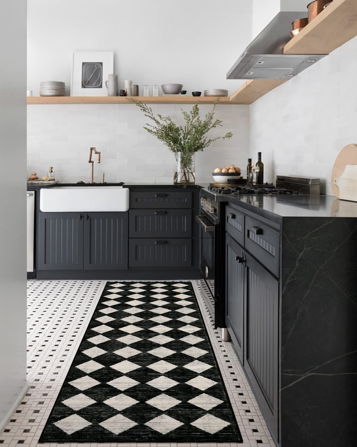 Lahome Checkered 2x8 Black Hallway Kitchen Bathroom Runner Rug with Rubber Backing, Washable Non Skid Moroccan Trellis Entry Carpet Runner Indoor Mat for Camper Entryway Bedroom Hardwood Floor