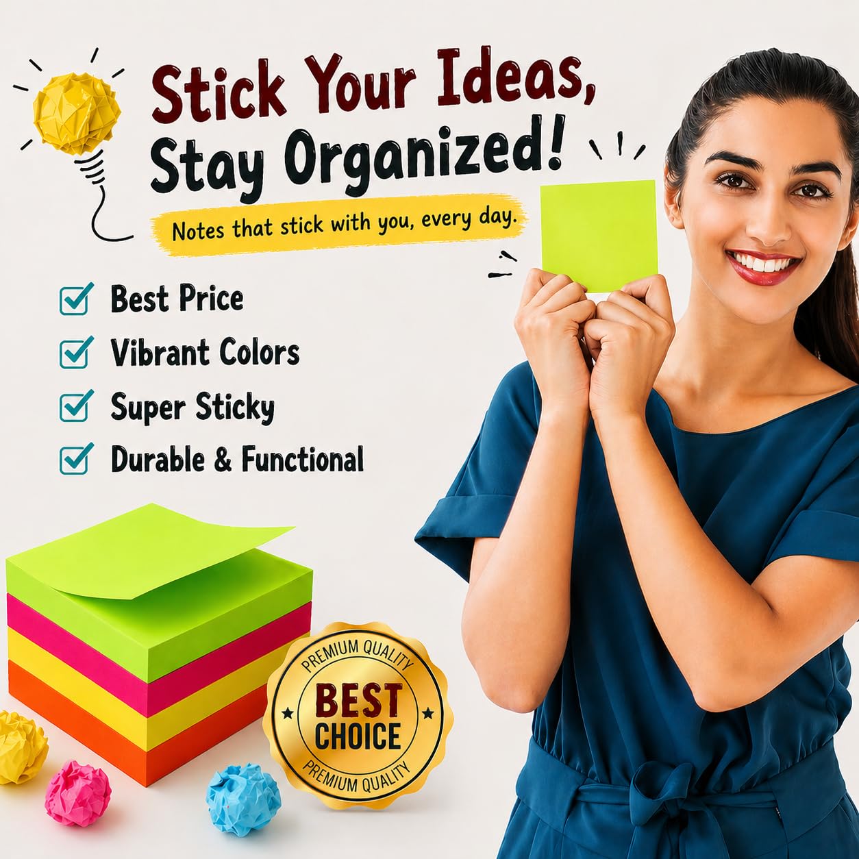 Homolley (24 Pads) Sticky Notes 3x3 in 100 Sheets/Pad, Self-Sticky Note Pads, 6 Bright Colors Super Sticky Pads - Easy to Post for School, Office Supplies, Desk Accessories (24)