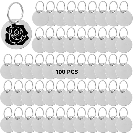 100 PCS Round Metal Stamping Blanks - 1.2” Stainless Steel Blank Dog Tags with Hole, Pet Tags Metal Keychain Blank Tags with Key Rings for Engraving Bracelet Jewelry Making