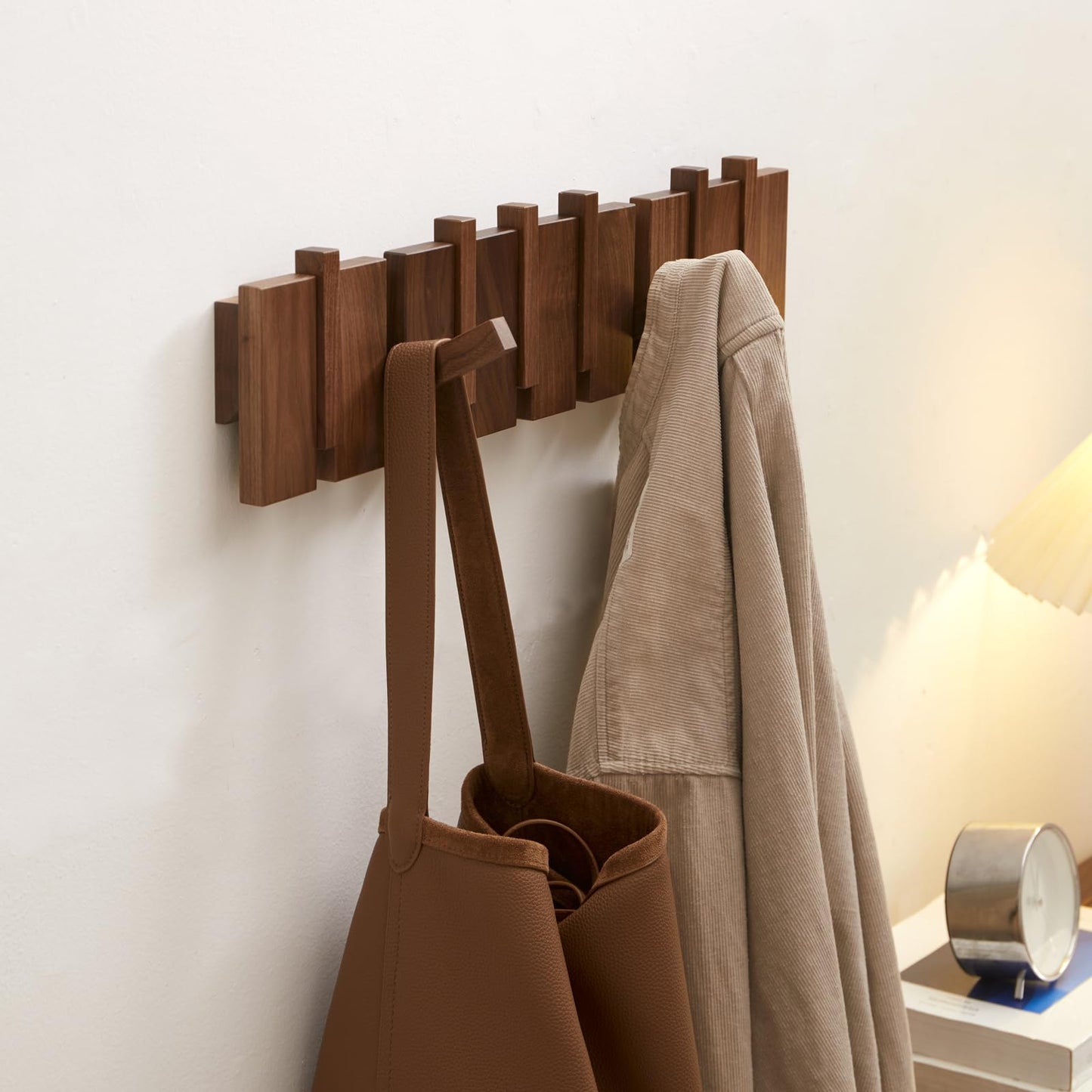 Wood Coat Rack Wall Mount, QUELLANCE Walnut Wall Coat Rack with 8 Hooks for Bathrooms&Door&Entryway, Wall Hooks for Hanging Coats/Keys/Hats/Robe&Towels/Plants/Backpaks