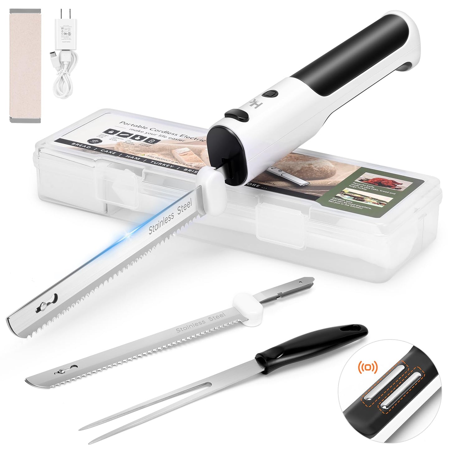 HK Cordless Electric Carving Knife for Meats, Poultry, Bread, Crafting Foam & More, Included Dual 304 Stainless Steel Blades, Fork, Foldable Cutting Board, Newly Upgraded Tactile Control