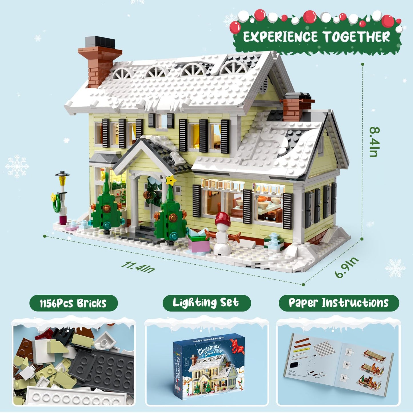 Christmas Holiday House Building Set,LED DIY Christmas Holiday Snow Village,Christmas House,Compatible with Lego,Gifts for Family and Friends(1156pcs)