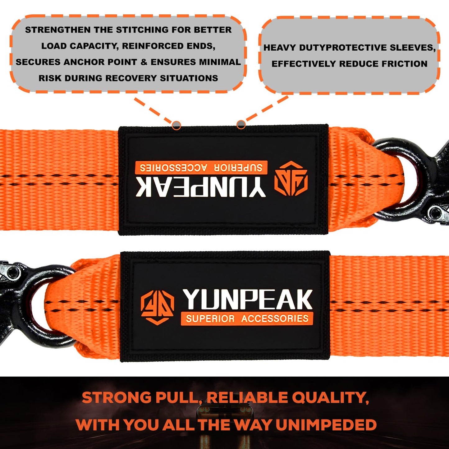 YUNPEAK Tow Strap with Hooks, 2" x 20ft (20,000lbs) Heavy Duty Emergency Recovery Towing Strap with Forged Steel Hooks, Car Tow Strap for UTV, ATV, Truck (Orange)