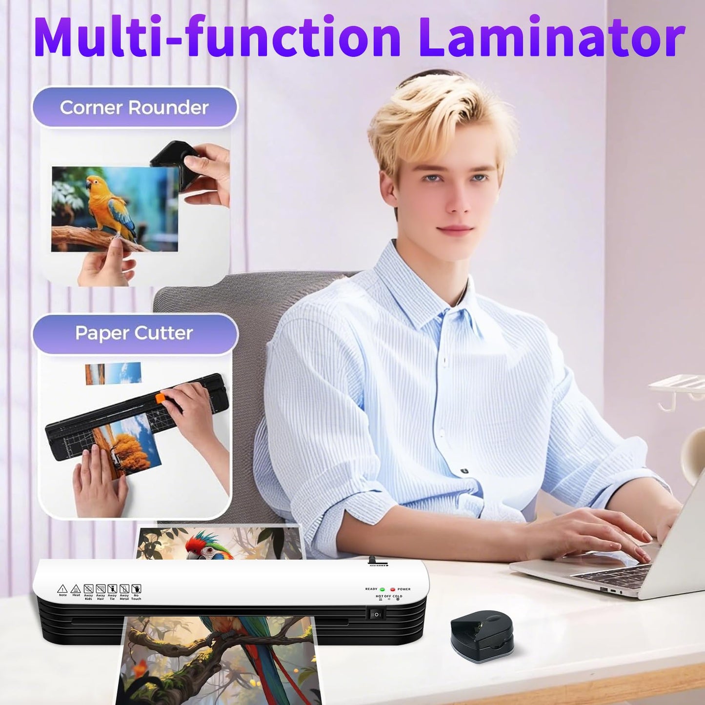 13 Inch Thermal Laminator, A3 A4 Anti-Jam 6-in-1 Laminator, 3-5 mil Hot Cold Laminating Machine with Trimmer, Corner Rounder, Hole Punch & 15 Laminating Sheets for Home Office School