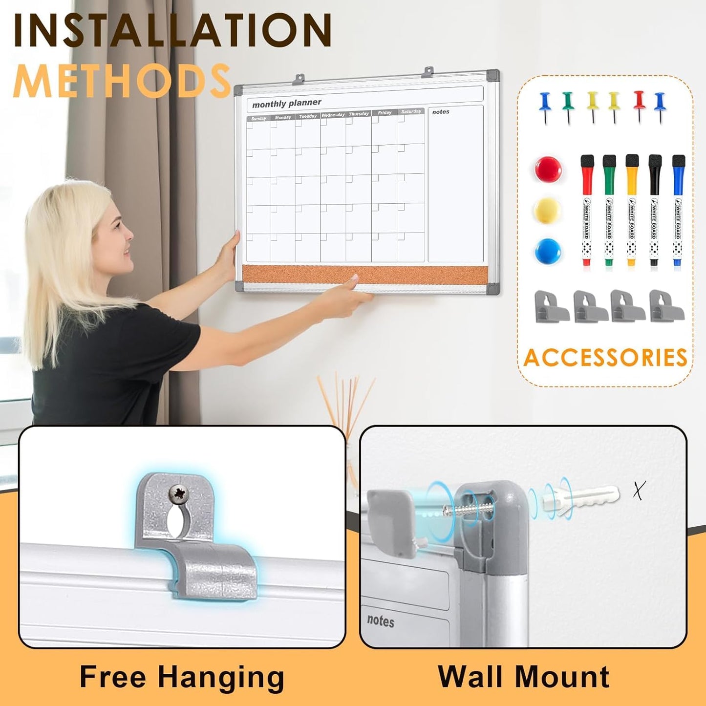 MAKELLO Monthly Dry Erase Calendar Whiteboard Cork Board Combo for Office, Classroom, Kitchen and Bedroom, 36x24 inch
