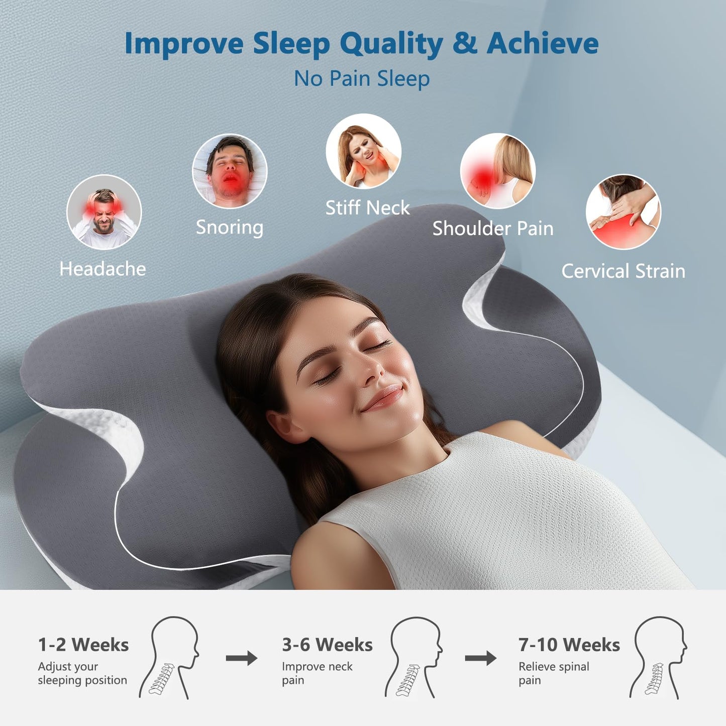 JINXIA Cervical Neck Pillow for Neck and Shoulder, Odorless Memory Foam Pillows & Soft Silk Cover, Ergonomic Orthopedic Neck Support Pillow for Side Back Stomach Sleepers, Gray