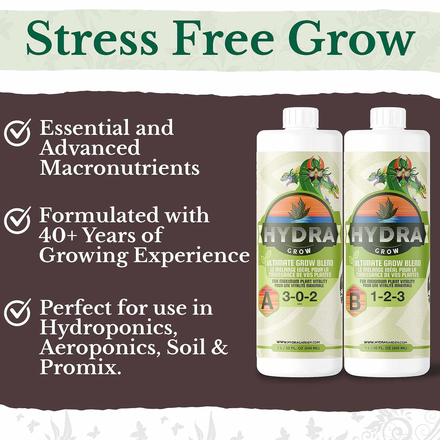 HydraGrow A & B Hydroponic Nutrients - Grow Big Vegetables & Boost Vegetative Growth in All Plants, 2 Part Grow Base Liquid Plant Food for Indoor & Outdoor Gardens 1L / 32oz Set NPK 3-0-2 & 1-2-3