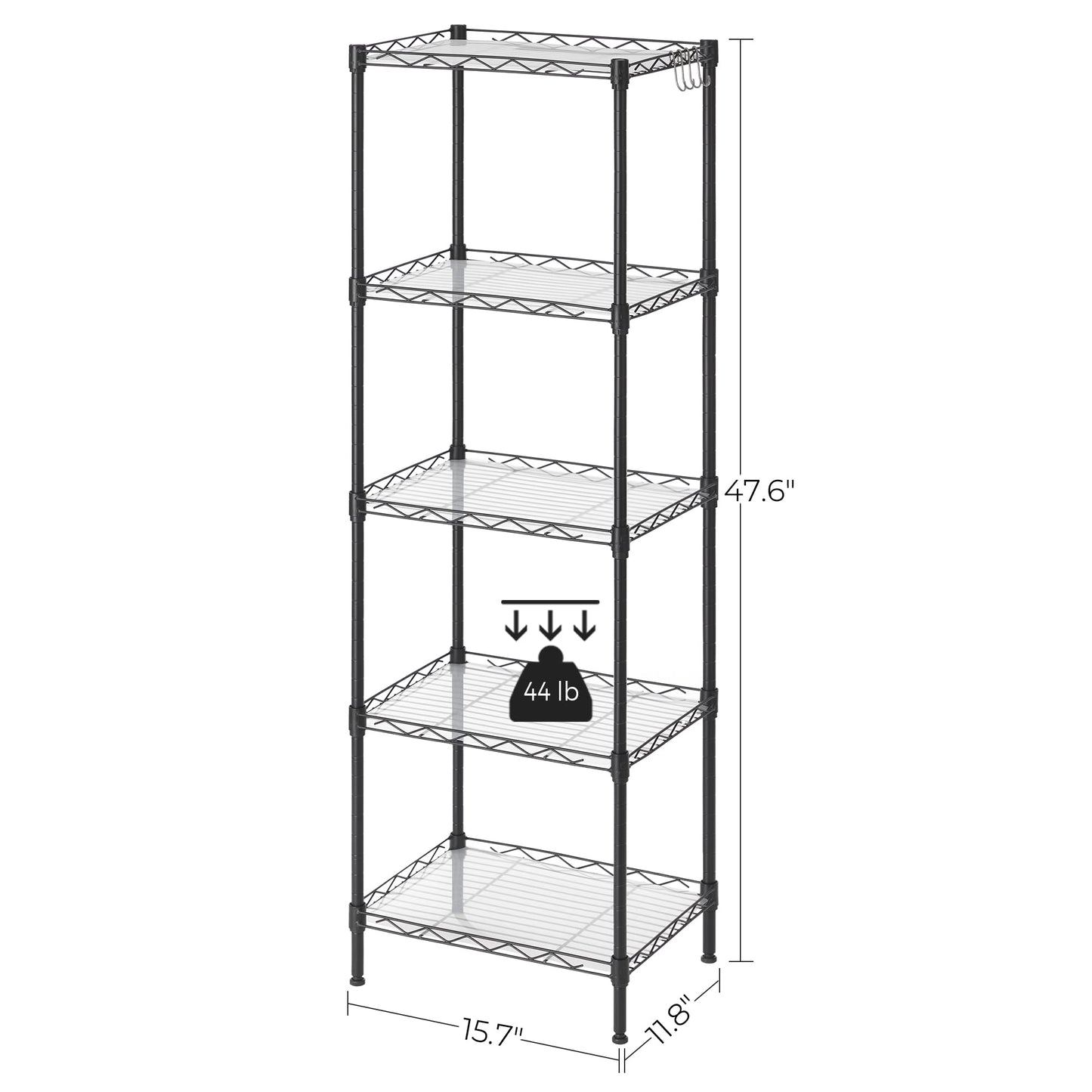 SONGMICS 5-Tier Metal Storage Shelves, Kitchen Wire Shelving Unit, Storage Rack with Adjustable Shelves, Shelf Liners, 8 Hooks, for Garage, 30 x 40 x 121 cm, Black ULGR115B01