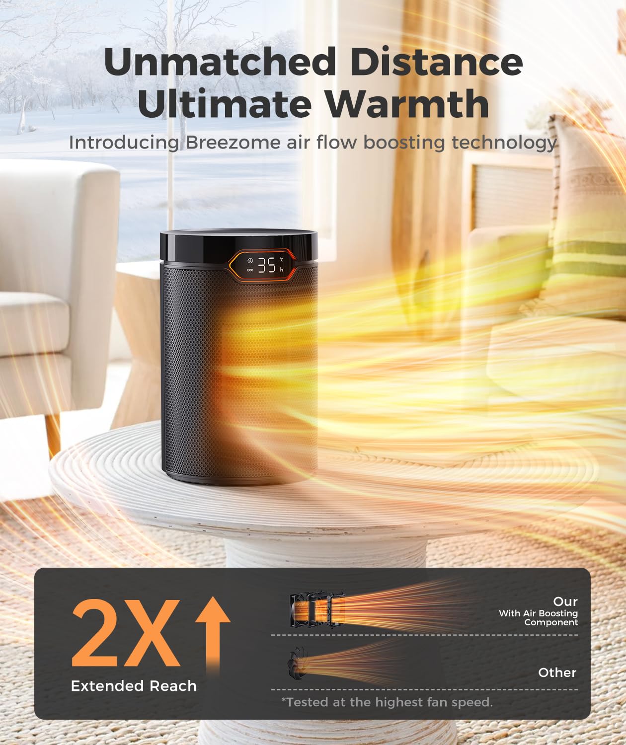 BREEZOME Space Heaters for Indoor Use, 1500W PTC Electric Heater for Bedroom, Portable Heater with Thermostat, 3 Modes & 24H Timer, Quiet Ceramic Desk Heater, Safety Room Heater for Home Office