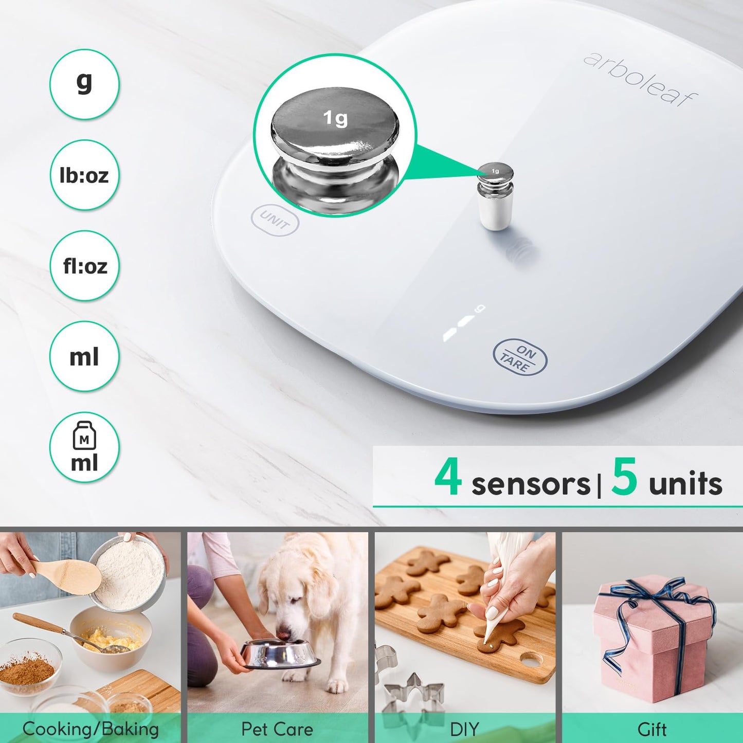 Arboleaf Smart Food Scale Rechargeable, 22lb Digital Kitchen Scale with Calorie Counter, Weighing with App for Macro, Keto, Calorie, Cooking, Grams and Ounces, 0.1oz/0.5g, White