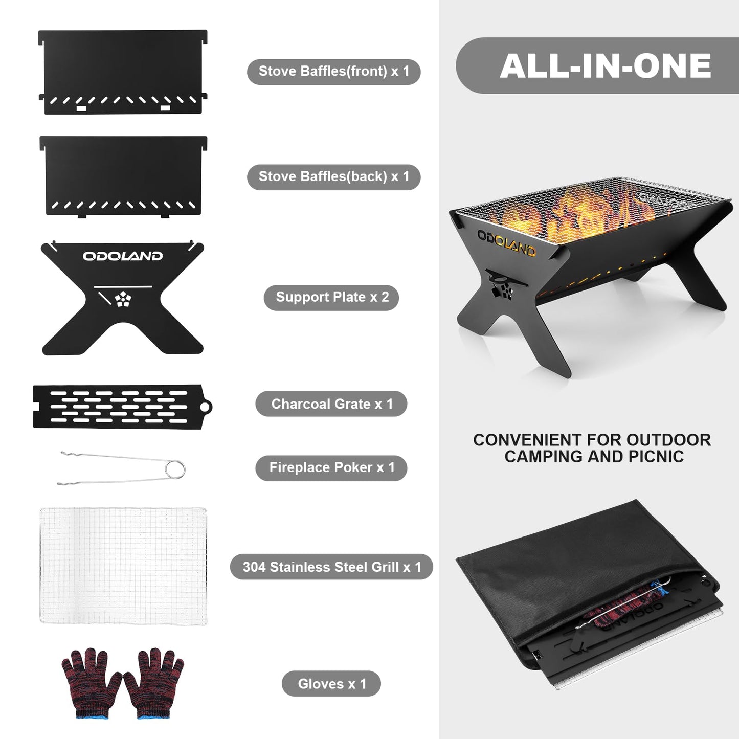 Odoland Portable Fire Pit for Outdoor Garden, 2 in 1 Wood Burning Fire Pit Grill with Detachable Cooking Grate for Outside, with Carry Bag