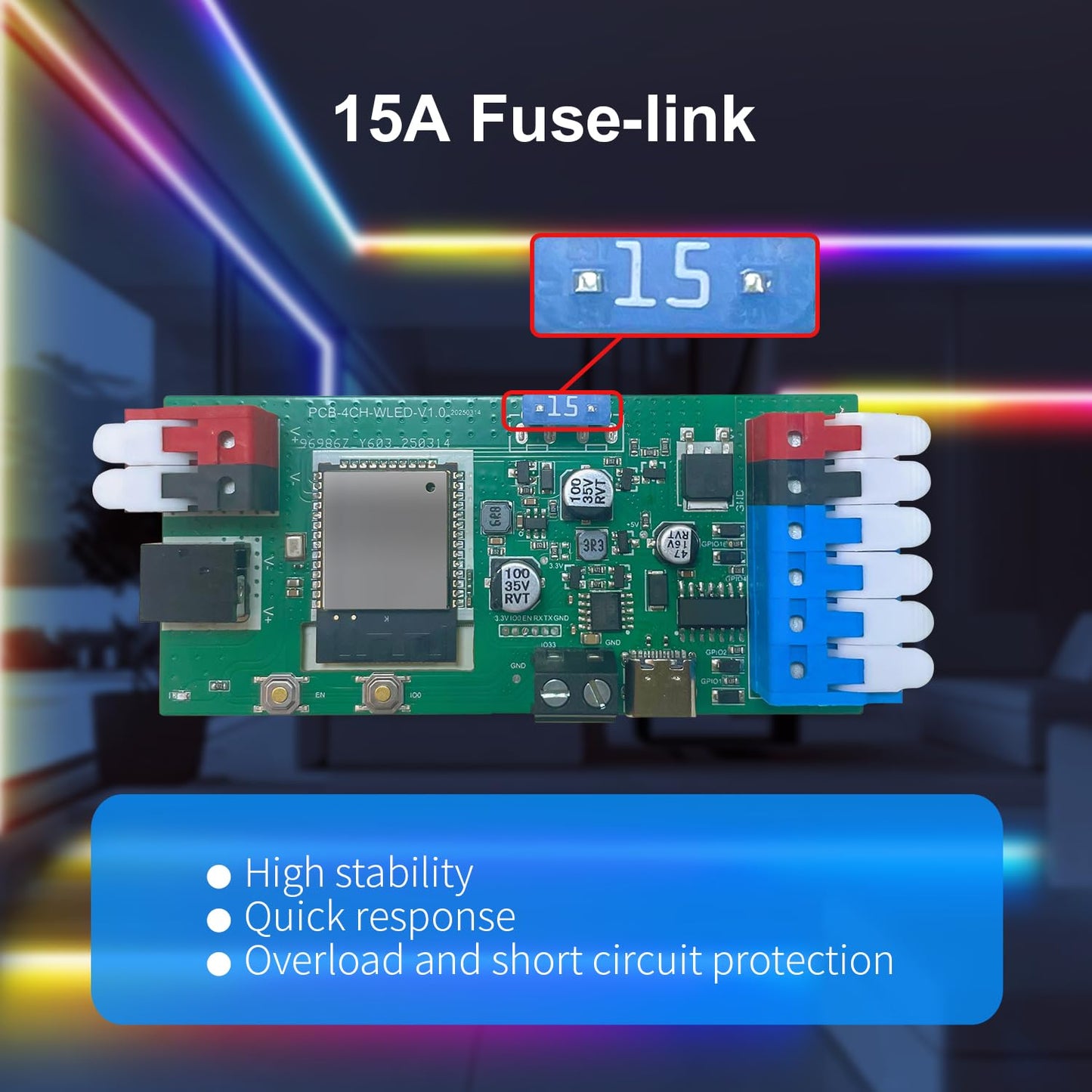 ESP32 WLED RGB IC LED Strip Controller 4 Channel Outputs 15A Fuse Mic Sound Dynamic Lights USB-C UART DIY Energy Saving Relay Level Shifter IC for Digital WS2811 WS2812 WS2815 SK6812 etc