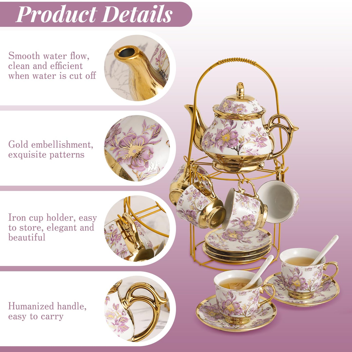 20Pcs Porcelain Tea Set for Adults, European Ceramic Tea Set Flower Ceramic Tea Cups (3oz), Teapot (15oz), & Saucers with Metal Holder for Women Tea Party (Purple)