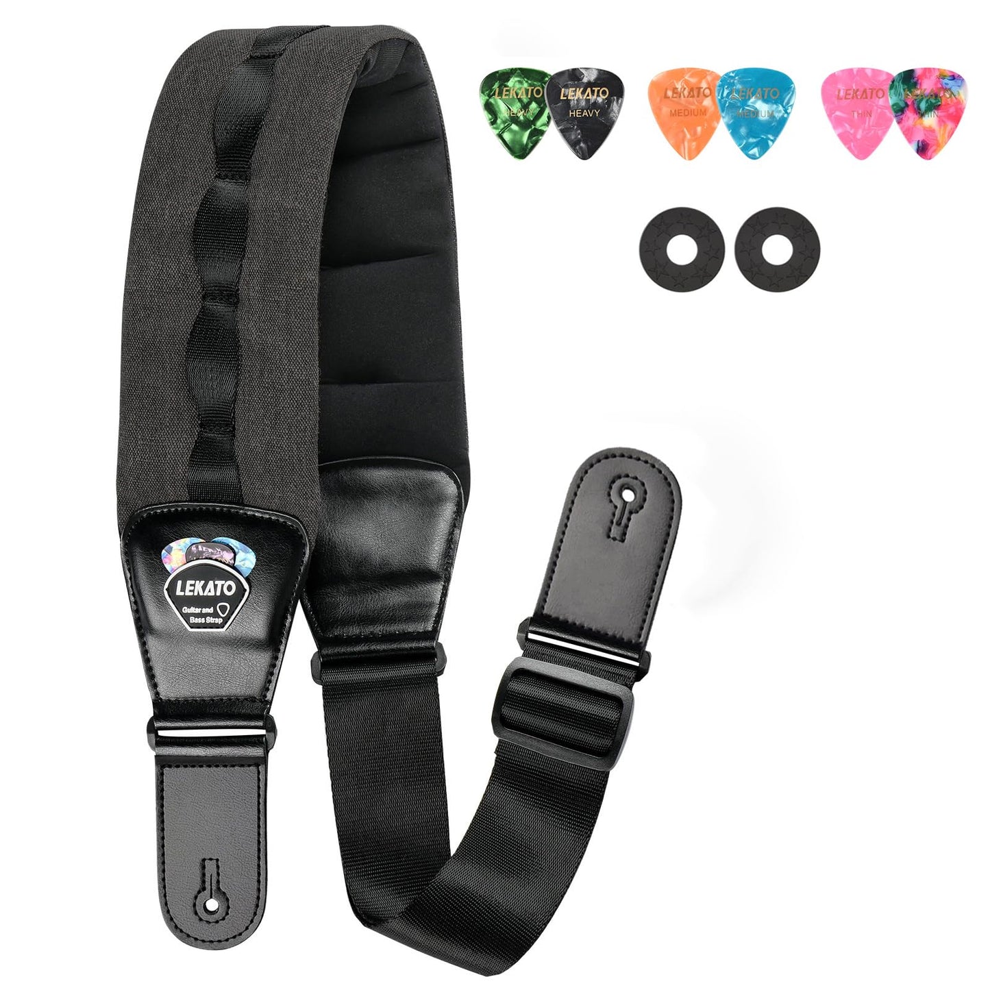 LEKATO Bass Guitar Straps for Heavy Bass & Guitars with 3.5” Wide Guitar Strap Padded Thickened Foam Bass Straps Adjustable Length from 45" to 55" Bass Guitar Strap with 2 Strap Locks & 6 Picks-Black