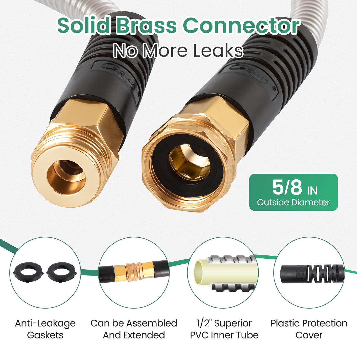 Cesun 50 Feet 304 Stainless Steel Metal Garden Hose with Solid Brass Nozzle, Lightweight Portable Durable Cool to The Touch, Flexible and No Kink, Tangle Puncture Resistant (50 Feet Upgraded)