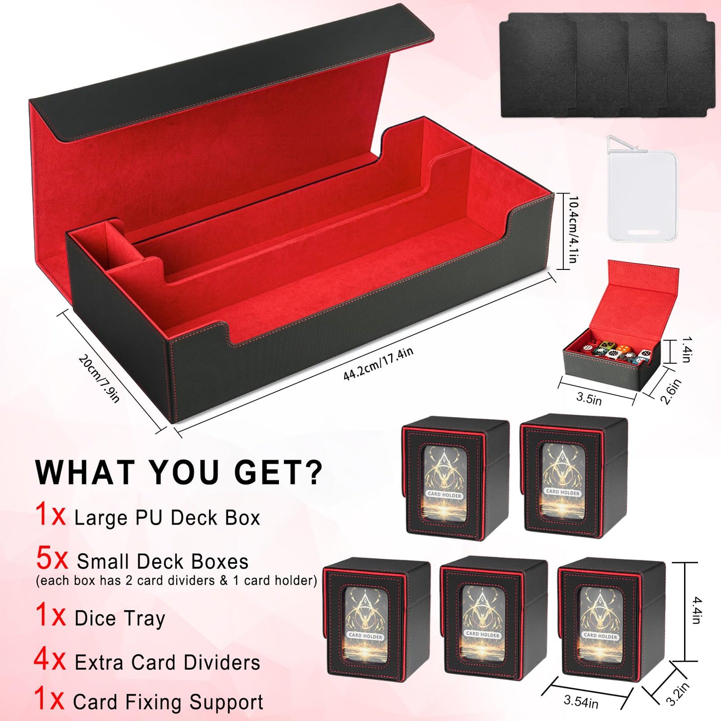 Jaffzora Card Deck Box for MTG Commander, Large 6 in 1 Card Storage Display Case with 5PCS TCG Deck Boxes & Dice Tray, Holds 2400+ Unsleeved Trading Cards (Black&Red Set)