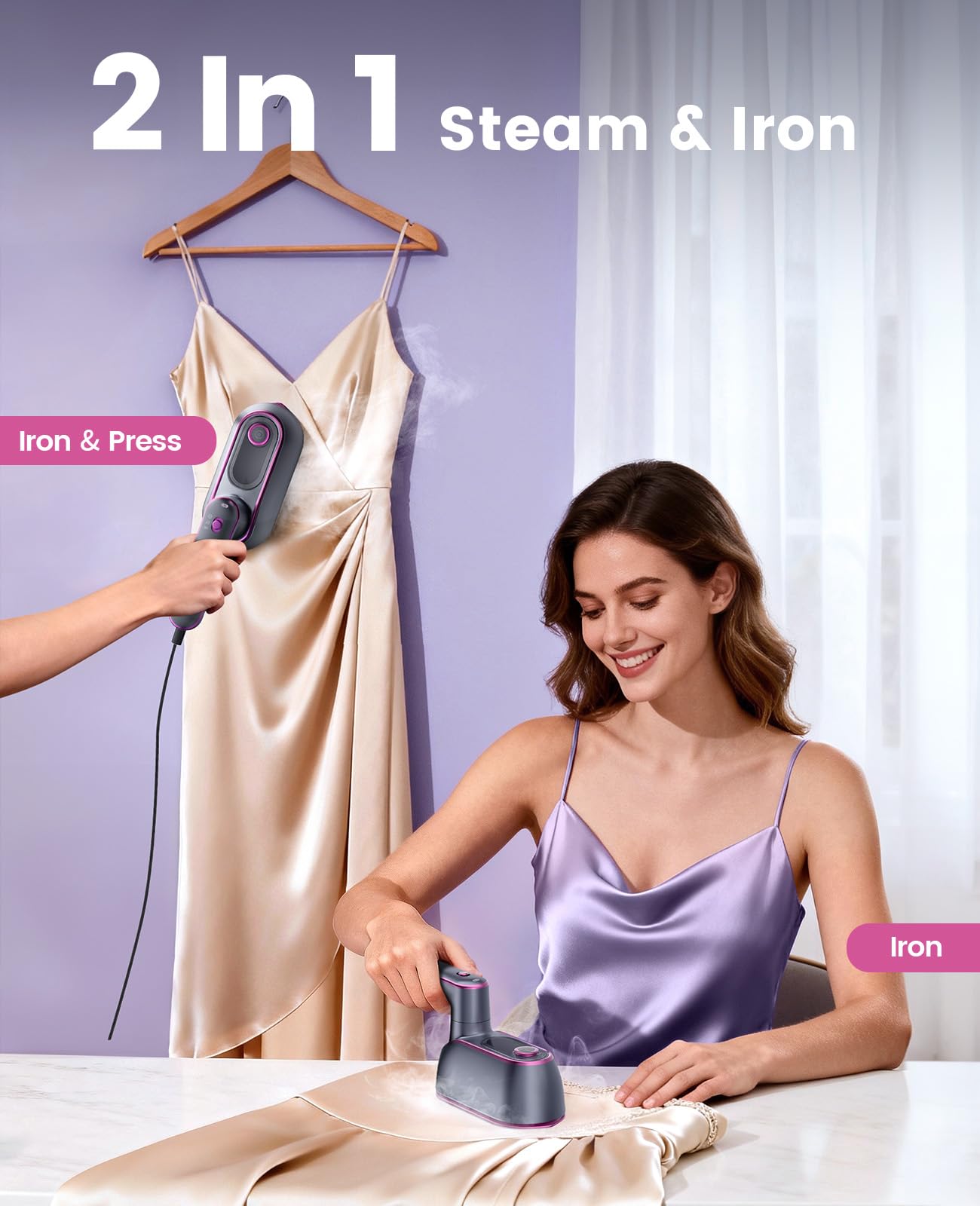Jack ＆ Rose Steamer Clothes,8s Fast Heat-up Travel Steam Iron,Portable Clothing Steamer with Large Ceramic Heat Panel & 180° Rotating Handle