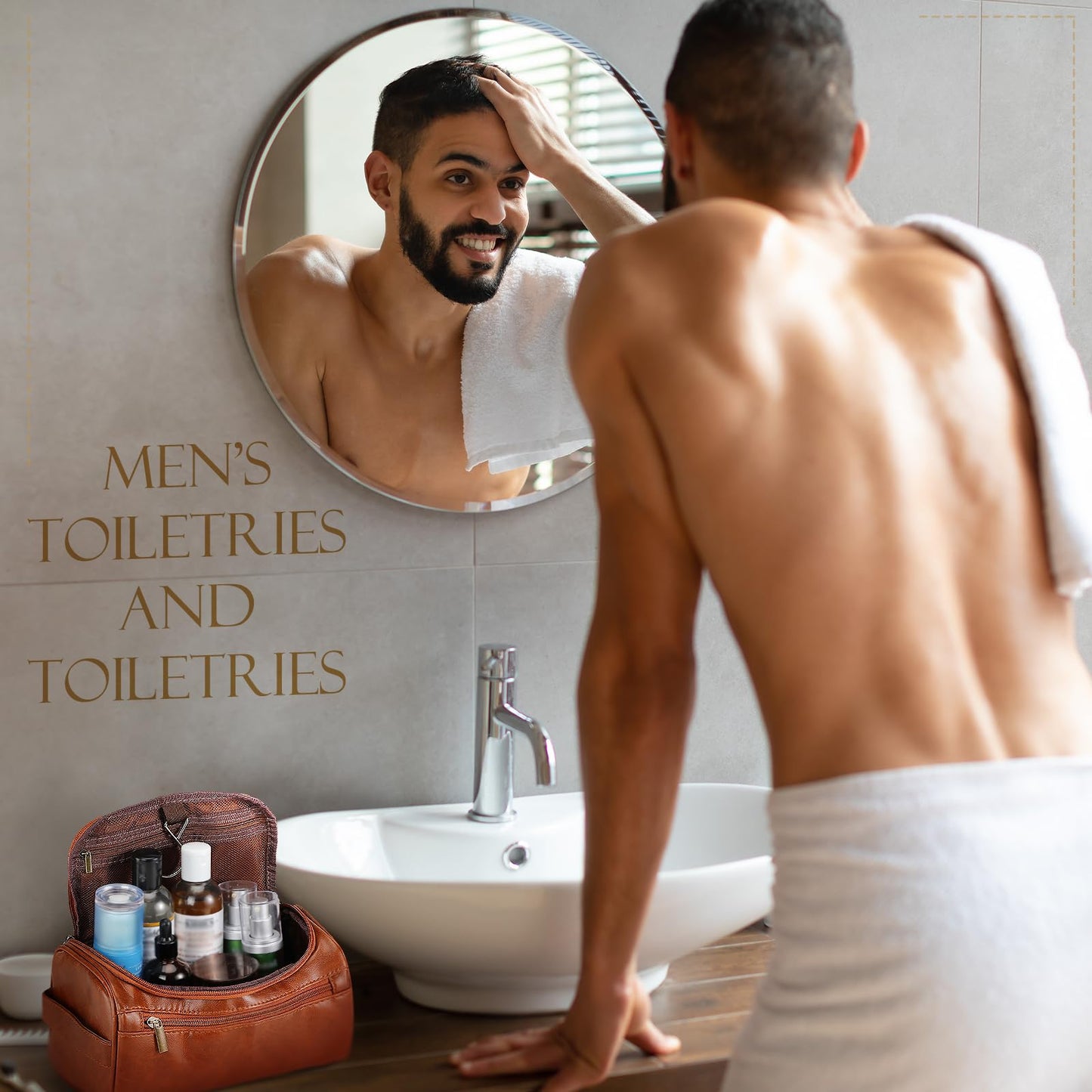 Aliceset 6 Pcs Groomsmen Gift Groomsmen Toiletry Bags Set of 6 Leather Toiletry Bag for Men with Hook Leather Wedding Proposal Bag with Side Handle Father Gift(Brown)