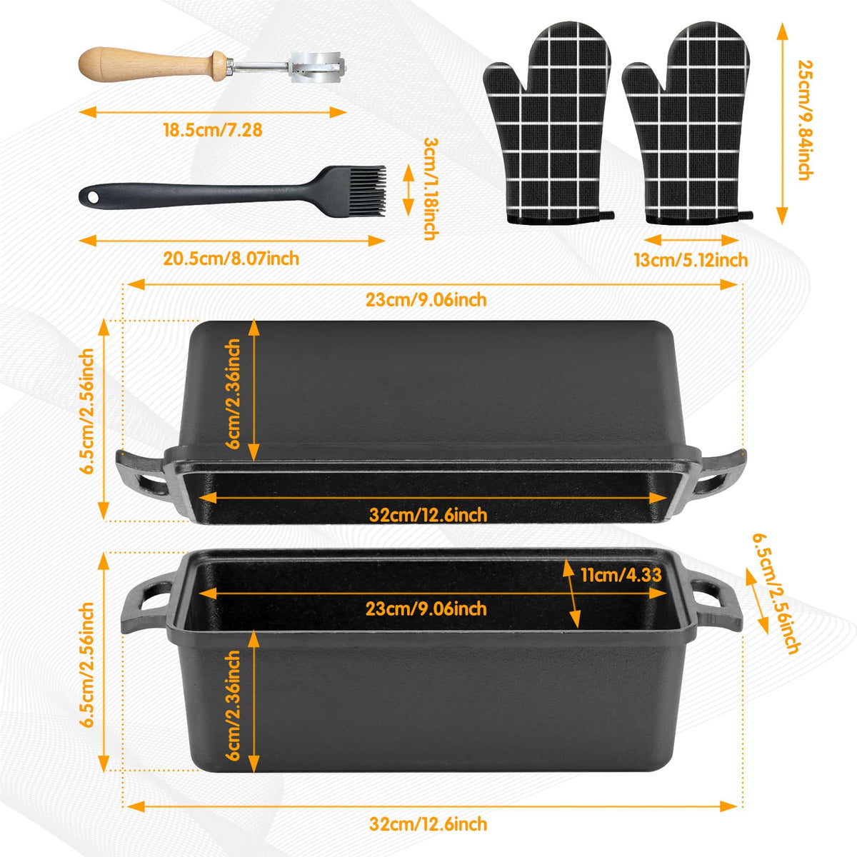 AO LI GEI Cast Iron Bread Pan with Lid 2 in 1 Loaf Pans Set with 9×5 Inch Loaf Pans for Homemade Bread, Sourdough Baking Pan, Oven Mitts, Lame Baking Tool, Silicone Basting Pastry Brush for Baking