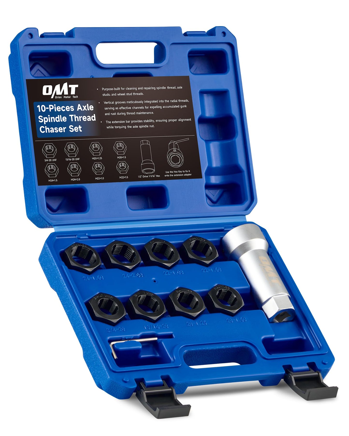 Orion Motor Tech 10pc Axle Spindle Threading Set, Axle Thread Repair Kit with 8 Dies 1-1/16" Extension Bar, Axle Nut Rethreader with M20 M22 M24 & 13/16" 3/4" UNEF Nuts, Rethreading Tool Kit with Case