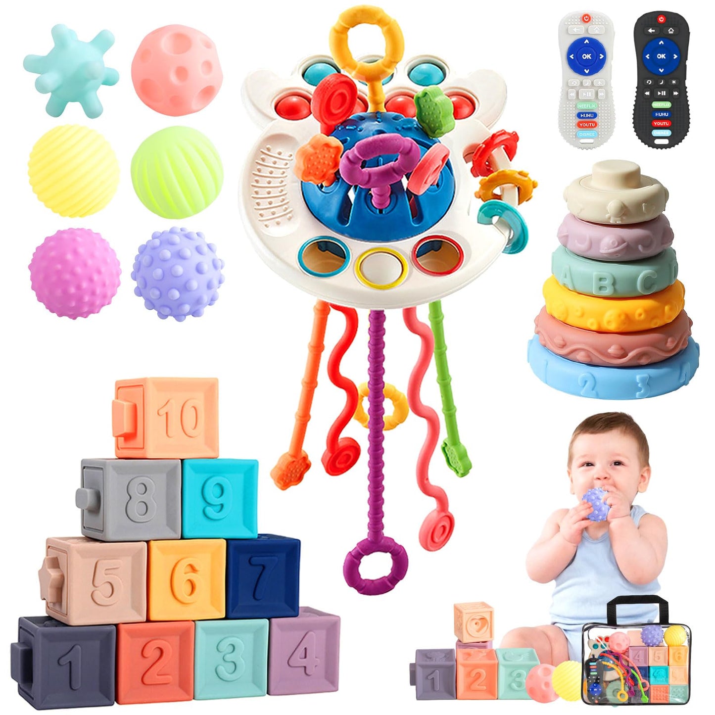 Baby Toys for 6 to12 Months, 5 in 1 Montessori Toys Set for Toddlers, Stacking Building Blocks Infant Toys,Pull String Baby Teething Toys Sensory Toys, Baby Gifts(Dinosaur Toys Car)