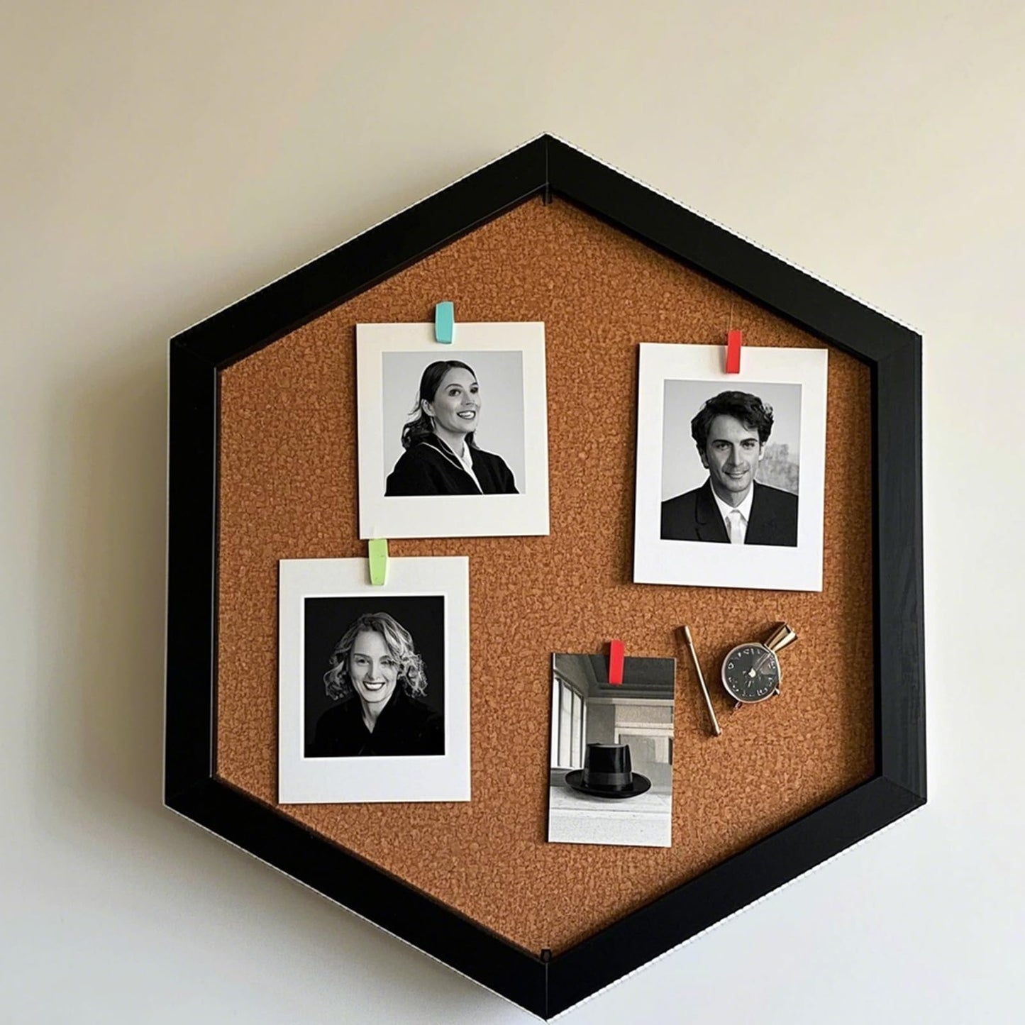 HAKZEON 6 Pack Cork Bulletin Board Hexagon, Small Framed Corkboard Tiles 13.46"x12" with 6 Push Pin Wood Clips and Screws, Thick Decorative Display Boards for Home Office Decor, Black