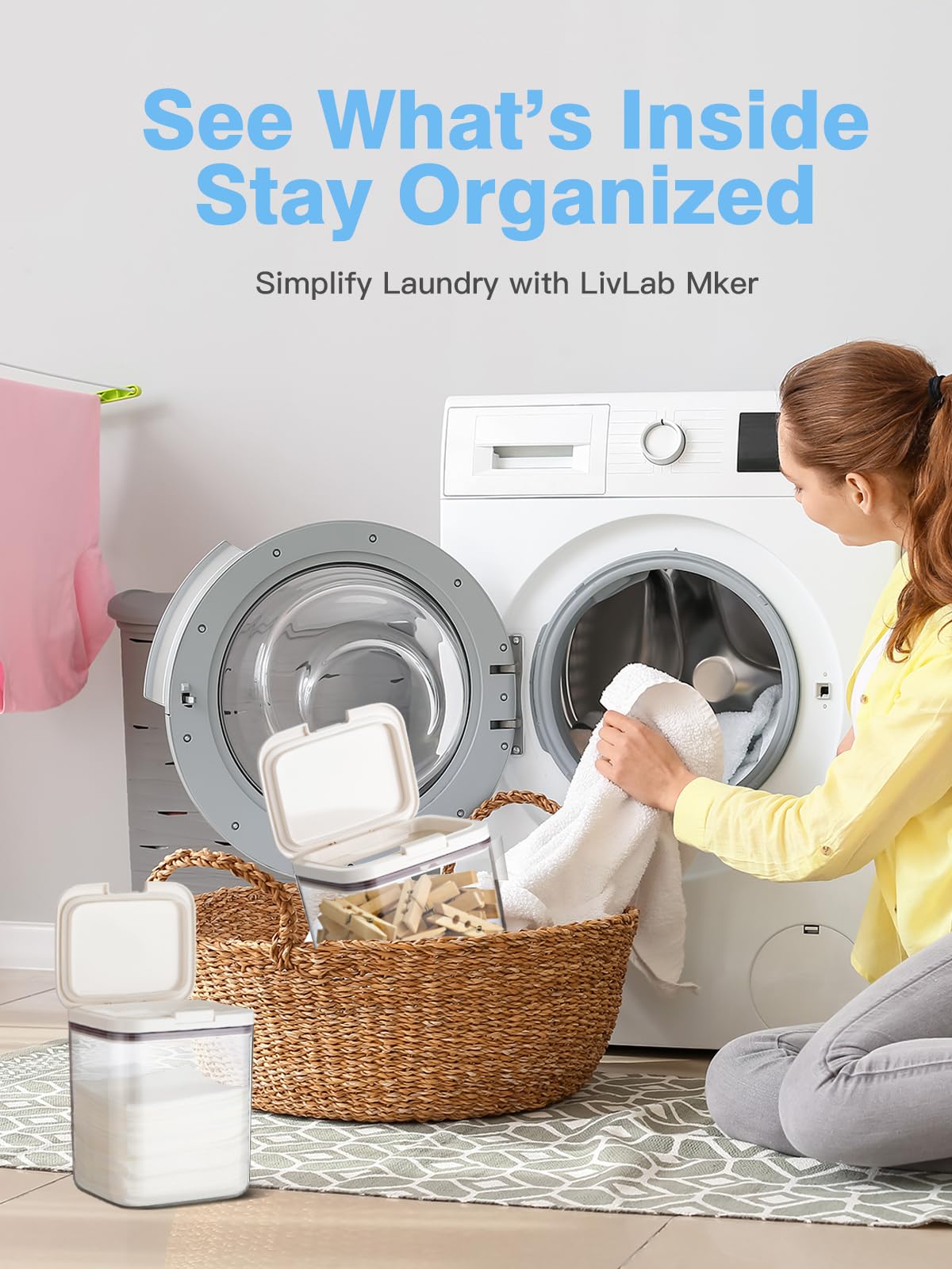 LivLab Mker Laundry Detergent Dispenser with One-Press Lid,for Laundry Room Organization,Clear PET Laundry Powder Container with Measuring Cup,Laundry pods Container (4pack-Clear)