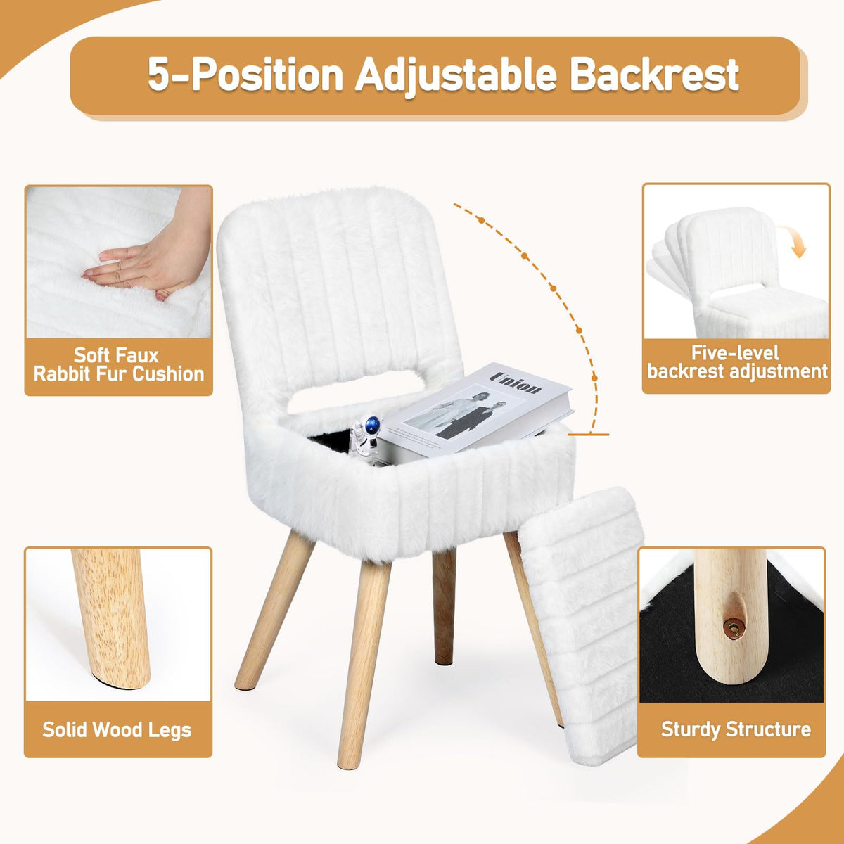 KANEODOT Vanity Stool with Folding Backrest & Storage,Faux Rabbit Fur Small Makeup Chair with 4 Solid Wood Legs,11.4" D x 14.9" W x 28.7" H,Soft Ottoman for Living Room,Bedroom,Closet,White