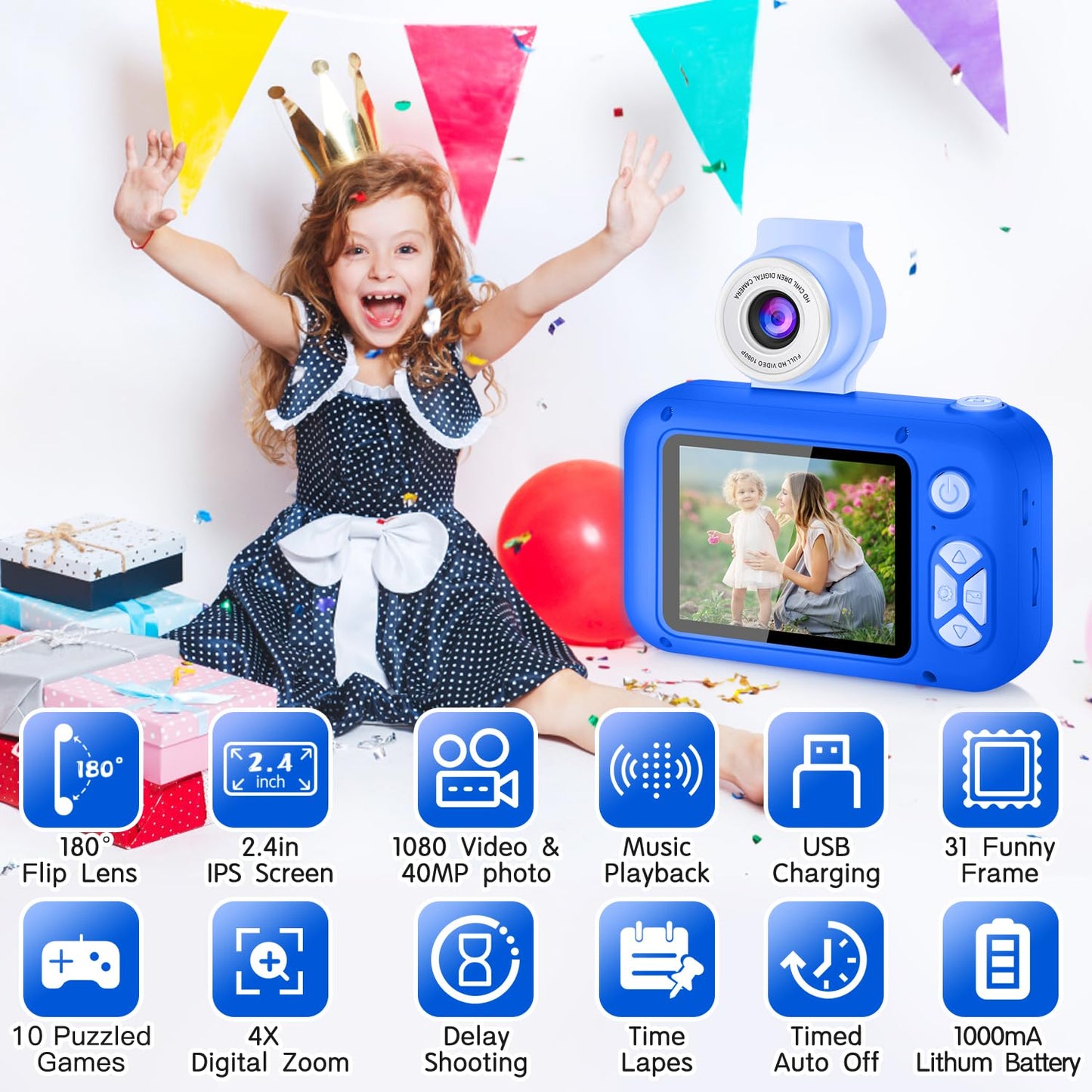 ARNSSIEN Kids Camera, Toddlers Digital Toy Camera with 180° Flip Lens, 2.4 Inch IPS Screen, 32 GB Card, Birthday Festival Present for 3 4 5 6 7 8 9 10 11 12 Year Old Girls & Boys, X101 (Sapphire Blue)