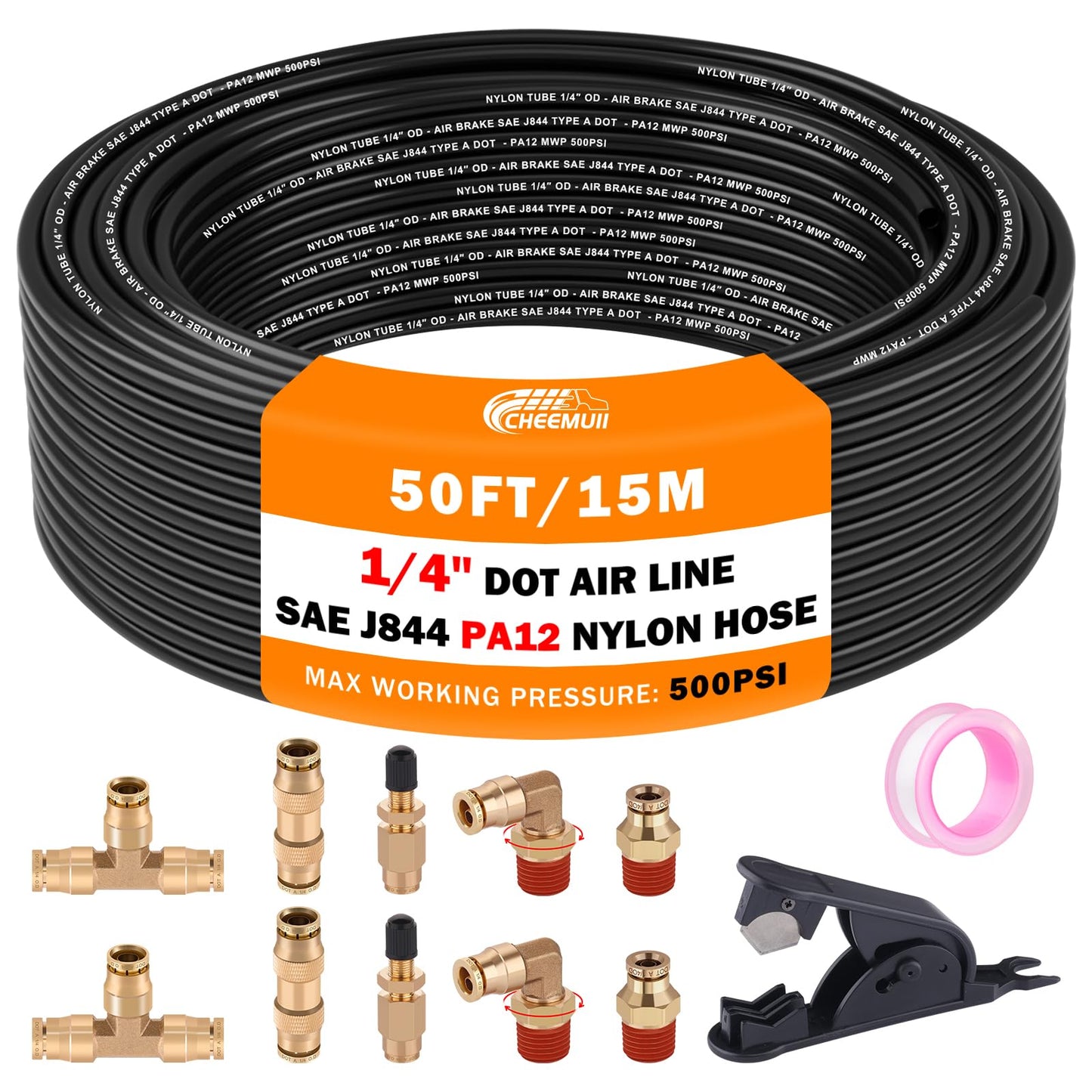 CheeMuii 50 FT DOT Air Line With Brass Fittings Kit for Air Bags Suspension - 1/4" Service Kit With Inflation Schrader Valves