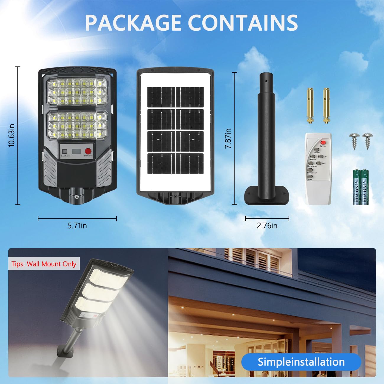 Solar Street Lights Outdoor, 8500K LED Solar Powered Light Dusk to Dawn Flood Waterproof Lamp with Motion Sensor Wall Mount Security Lights for Backyard, Yard, Garage, Garden