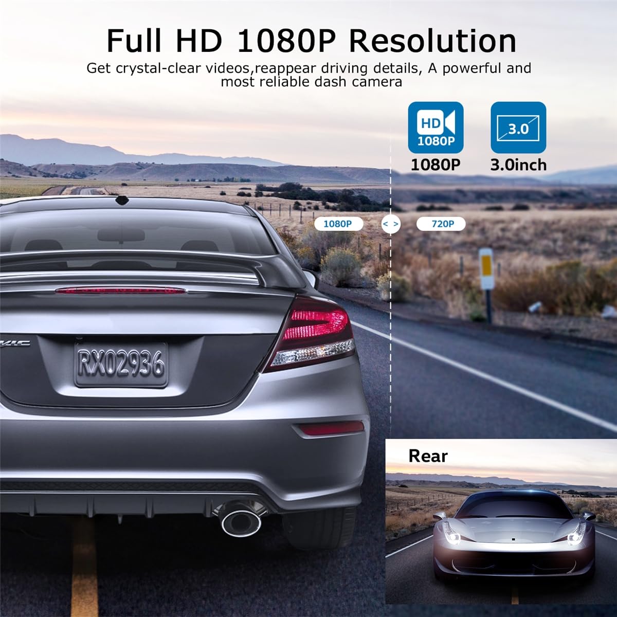 ORSKEY Dash Cam Front and Rear 1080P Full HD Dual Dash Camera in Car Camera Dashboard Camera Dashcam for Cars 170 Wide Angle HDR with 3.0" LCD Display Night Vision Motion Detection and G-Sensor