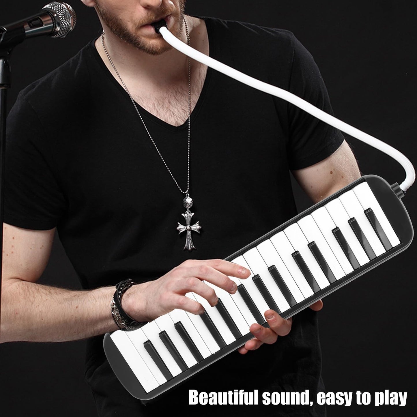 Melodica 32 Key Air Piano Instrument with Double Mouthpiece Tubes Carrying Bag for Beginners Adults Music Education and Practice(Black)
