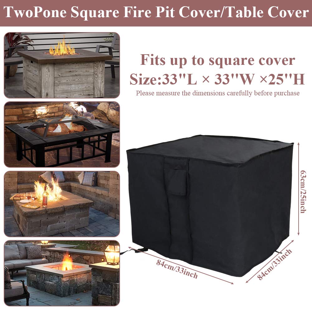 TwoPone Fire Pit Cover Square - Waterproof Windproof Anti-UV Heavy Duty Gas Fire Pit Cover, 32 Inch Patio Fire Table Cover