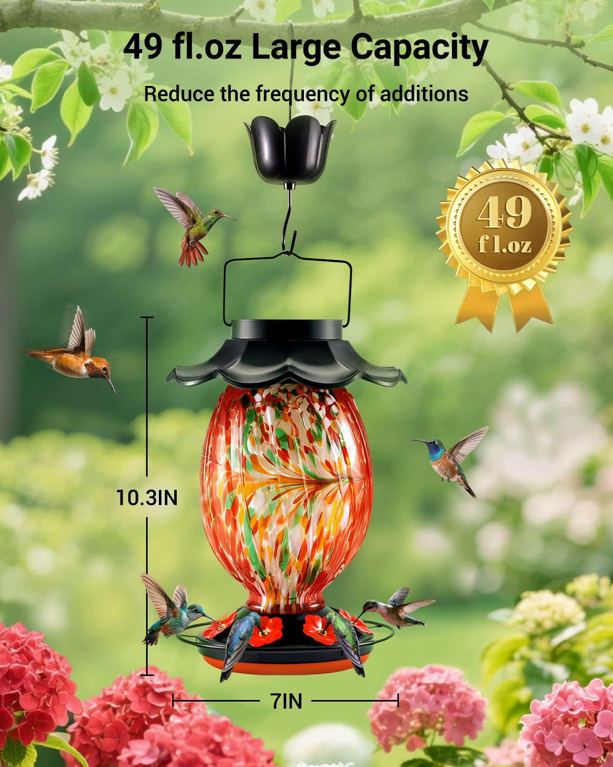 HouseSapp Solar Hummingbird Feeder - 49 fl.oz Hand Blown Glass Color Changing - 7 Feeding Ports with Perch - Never Leak - Perfect Hummingbird Feeder for Outdoors Hanging (Red)