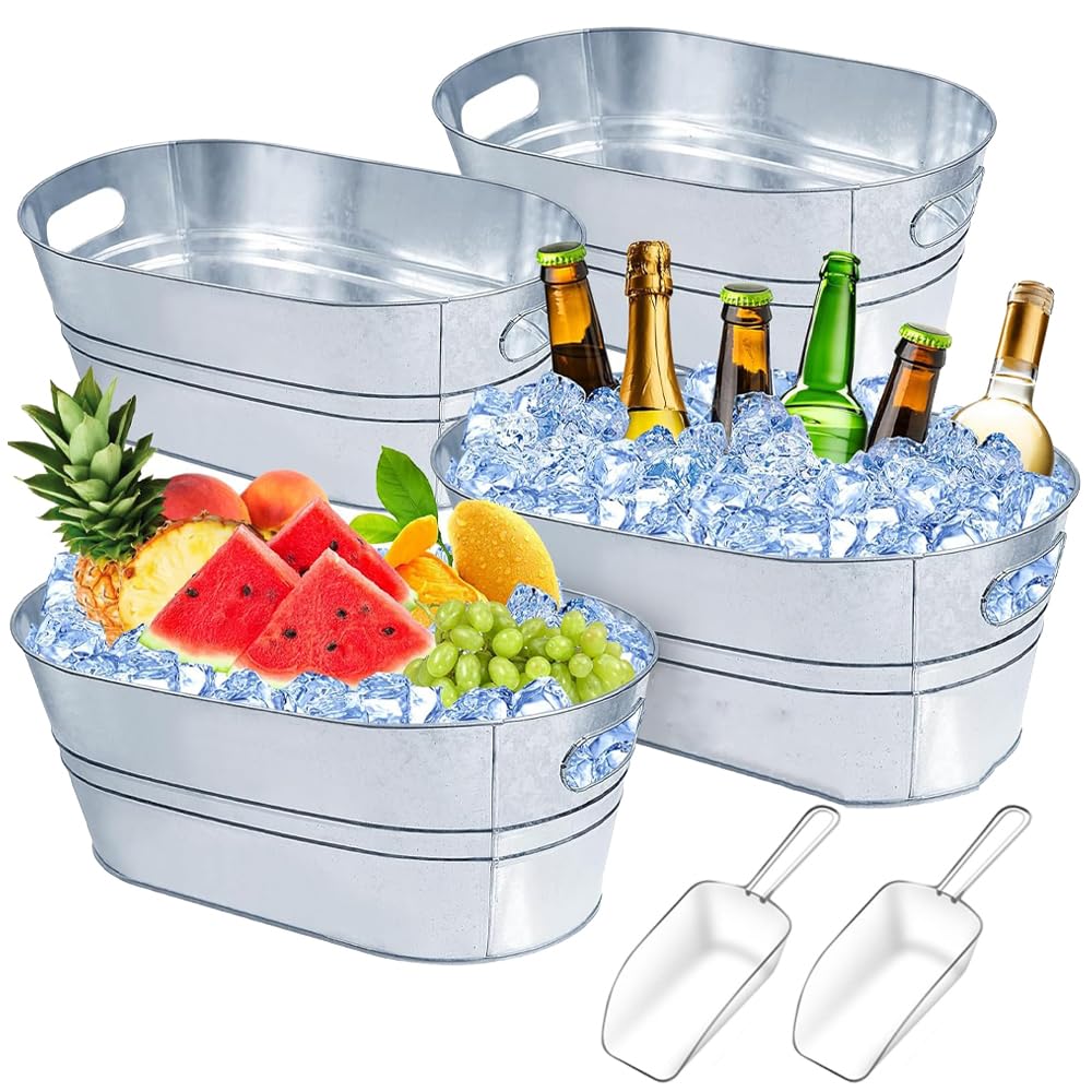 4 Pack Galvanized Tub Beverage Tubs, 4 Gallon Large Ice Buckets with Carry Beer Drink Storage Cooler Metal Beverage Ice Tub, for Parties and Cocktail Bar Mimosa Bsupplies