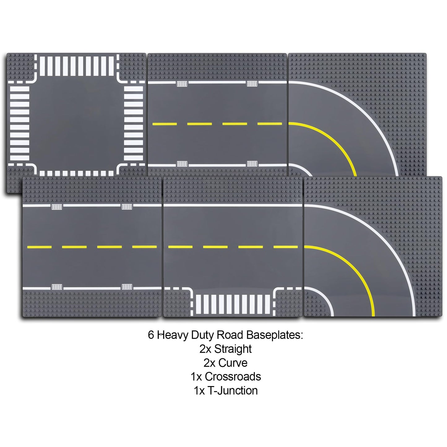 Apostrophe Games Road Baseplate – Premium Building Blocks Base Plates Compatible with All Major Brands – 6pcs Baseplate Gray with Road Design – Straight, Curve, Crossroad, T-Junction Gray Base Plates