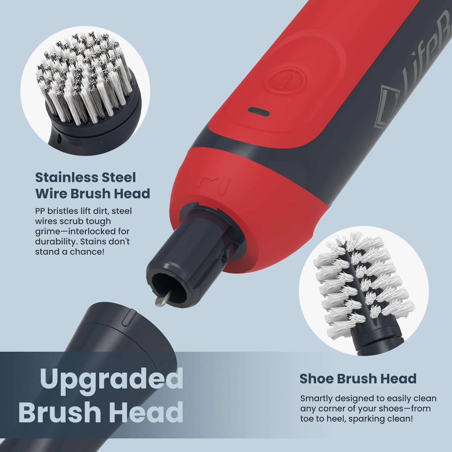LifeBasis Rechargeable Power Scrubber 11-Piece Kit, Cordless Electric Cleaning Brush, IPX7 Waterproof Electric Grout Brush for Home, Kitchen, Bathroom, Grout, Tile, Shower, Tub, Red