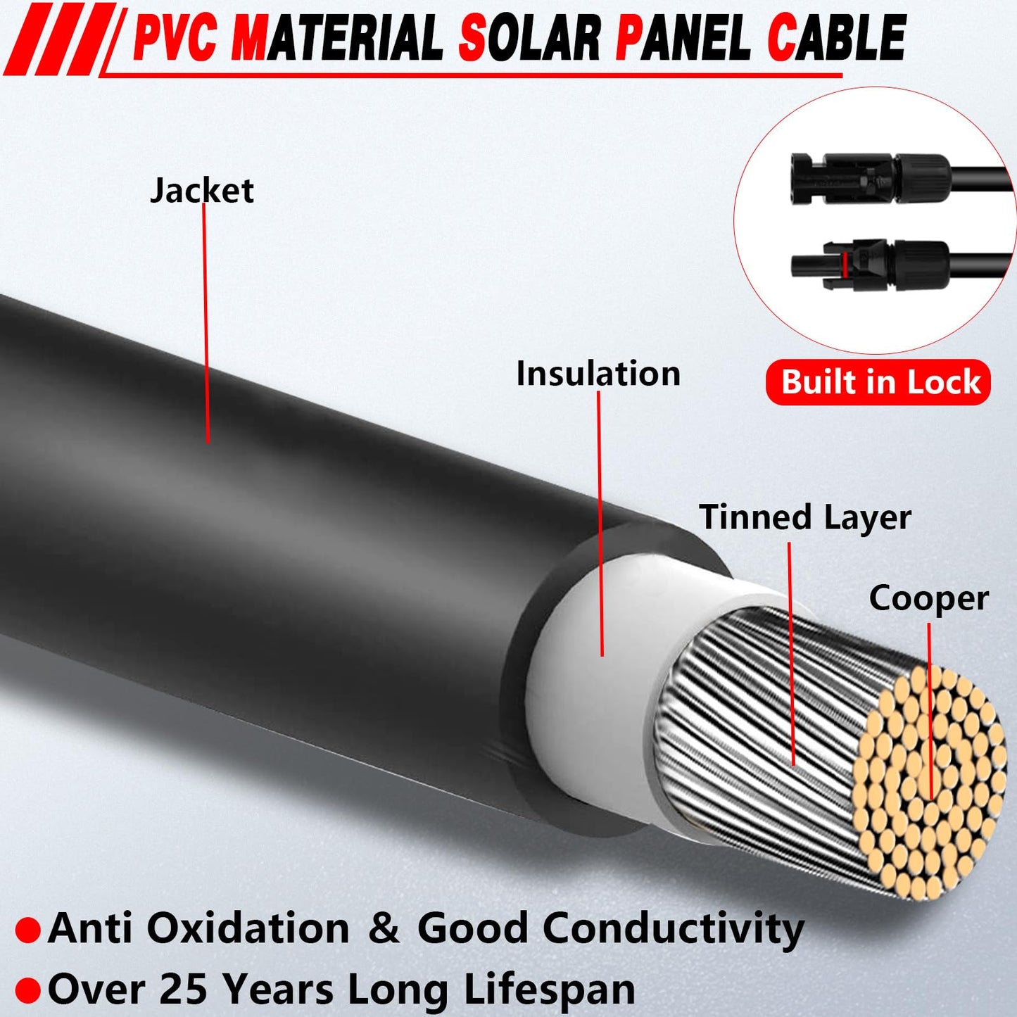 OPL5 30 Feet 10AWG Solar Panel Extension Cable with Female and Male Connector with Storage Bag Weatherproof Cable Kit for RV Camper Ferry (30FT Red + 30FT Black 10AWG)