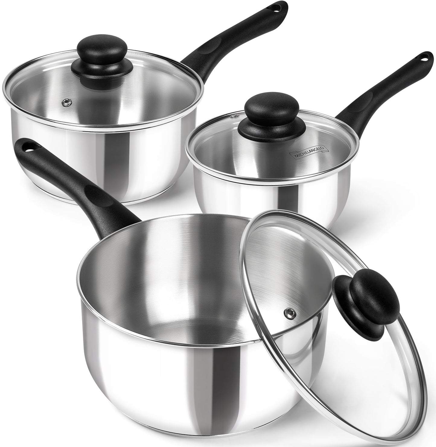 MICHELANGELO Stainless Steel Saucepan with Lid 6pcs, Triple Base Stainless Steel Pot Set, Saucepan Set with Bakelite Handle - 1QT & 2QT & 3QT