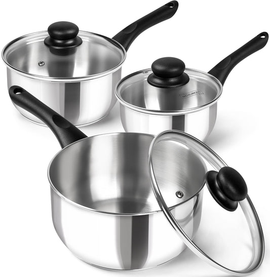 MICHELANGELO Stainless Steel Saucepan with Lid 6pcs, Triple Base Stainless Steel Pot Set, Saucepan Set with Bakelite Handle - 1QT & 2QT & 3QT