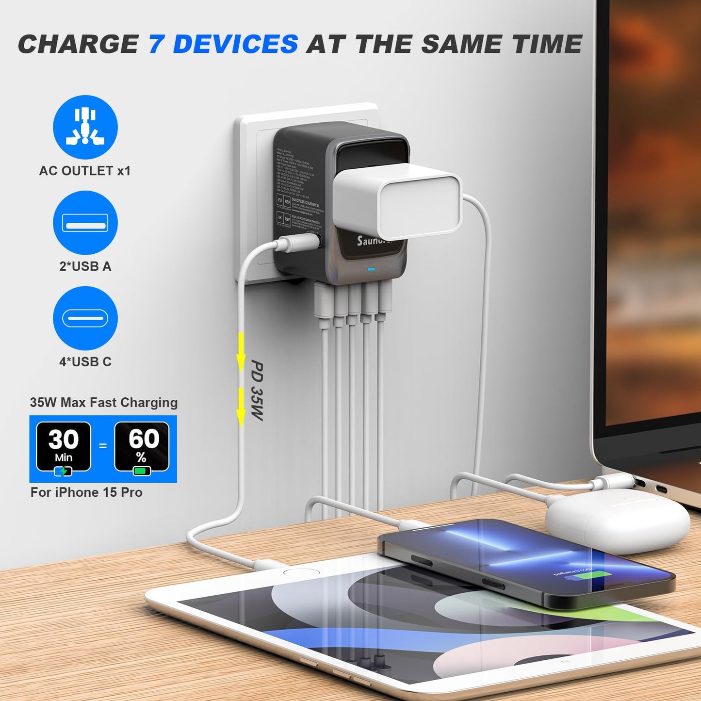 SAUNORCH Universal Travel Adapter, PD 35W 7 in 1 International Power Plug Adapter with 7.0A 4 USB-C and 2 USB-A Fast Wall Charger, Worldwide AC Outlet for US Europe UK AUS (Black+Silver)