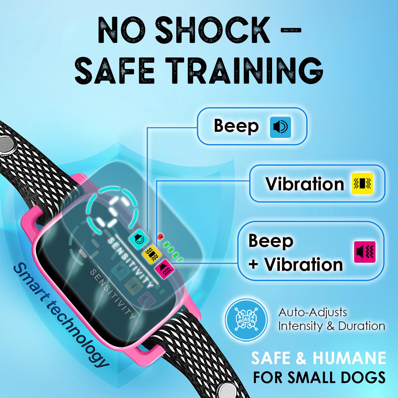 Bark Collar for Small Dogs 5-15 lbs – No Shock Anti Barking Collar with AI Chip – 3 Modes & 5 Sensitivity Levels – Waterproof, Rechargeable, Magnetic Charging – Humane, Effective Training (Pink)