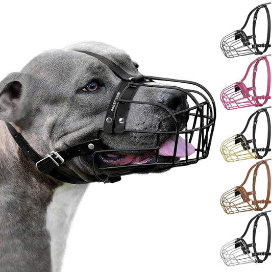 BRONZEDOG Pitbull Dog Muzzle Metal Mask Amstaff Wire Basket Pit Bull Adjustable Leather Straps for Large Dogs (Black)