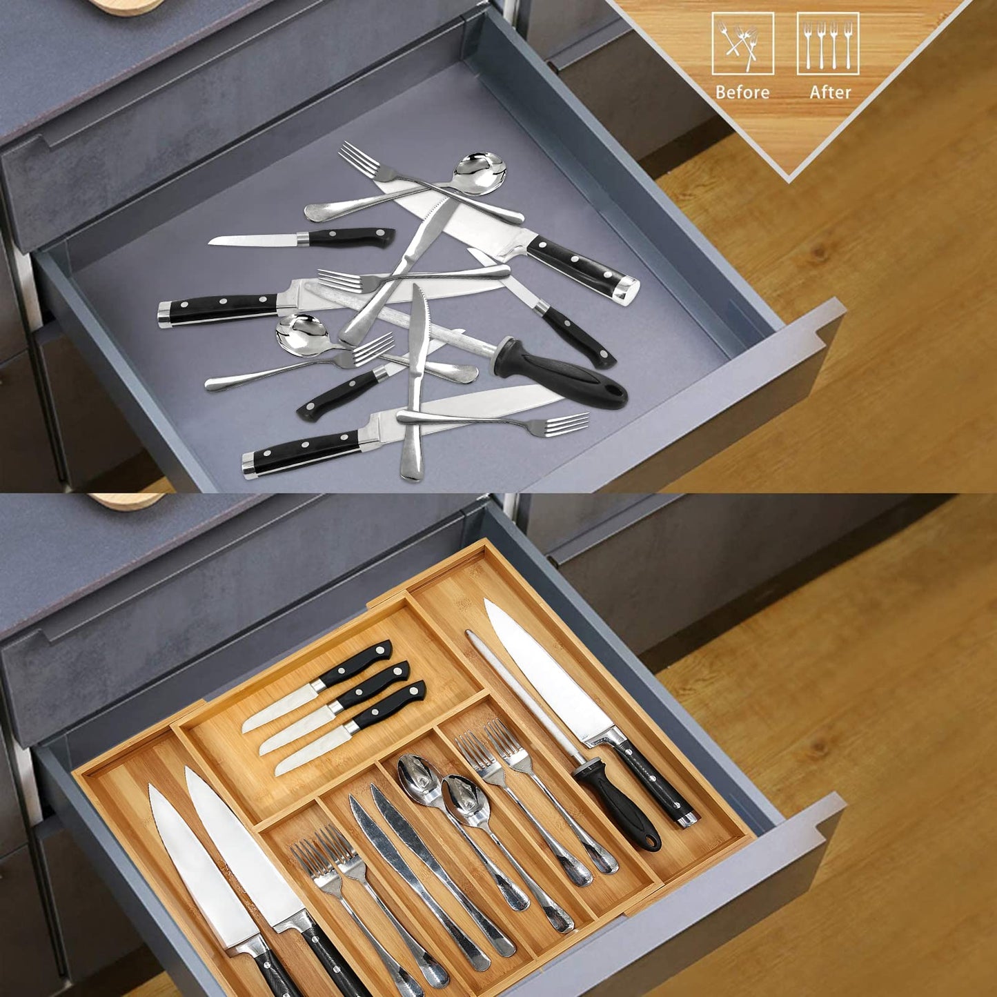VaeFae Bamboo Drawer Organizer, Expandable Cutlery Drawer Organizer, Wooden Drawer Dividers Organizer for Kitchen Utensils and Flatware
