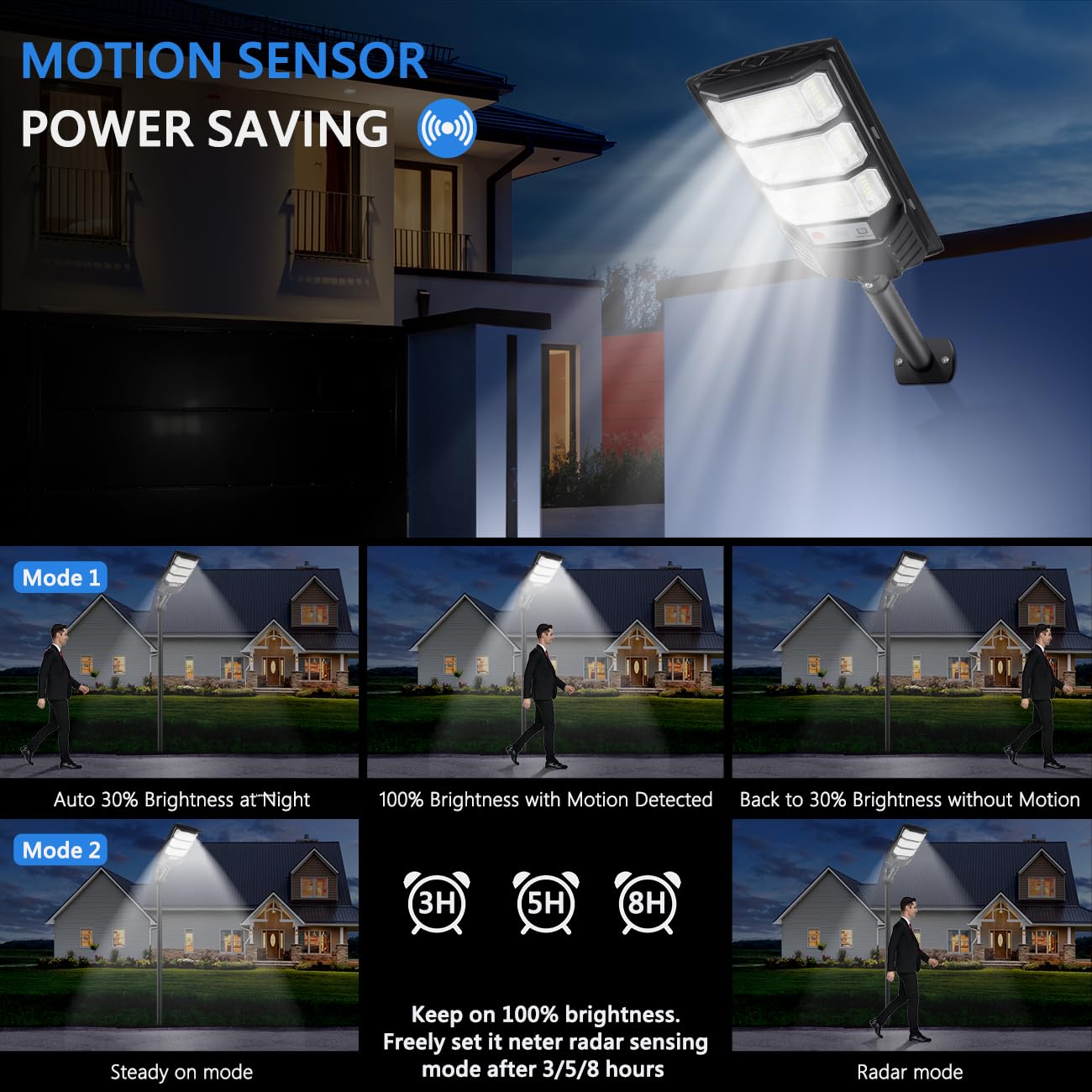 Solar Street Lights Outdoor, 8500K Solar Powered Driveway Light, LED Flood Motion Sensor Dusk Dawn Illumination Waterproof Mount Security Lights for Parking Lot, Backyard, Garage, Path, Countryside