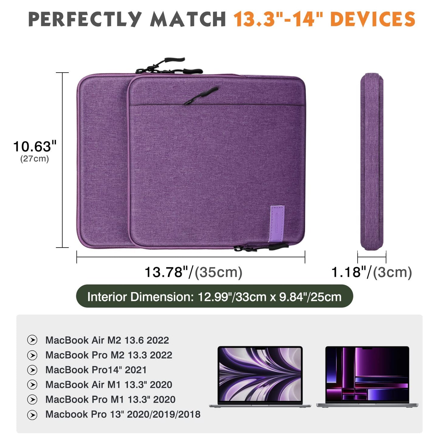 MoKo Laptop Sleeve Bag for 13.3-14 Inch, Notebook Carrying Case with Pocket Fits MacBook Pro M2 14" /13" M2/M1 Pro/M1 Max 14.2 2023-2021/Air 13.6" M3/M2 2024/2022, Surface Pro 9/8 13", Purple