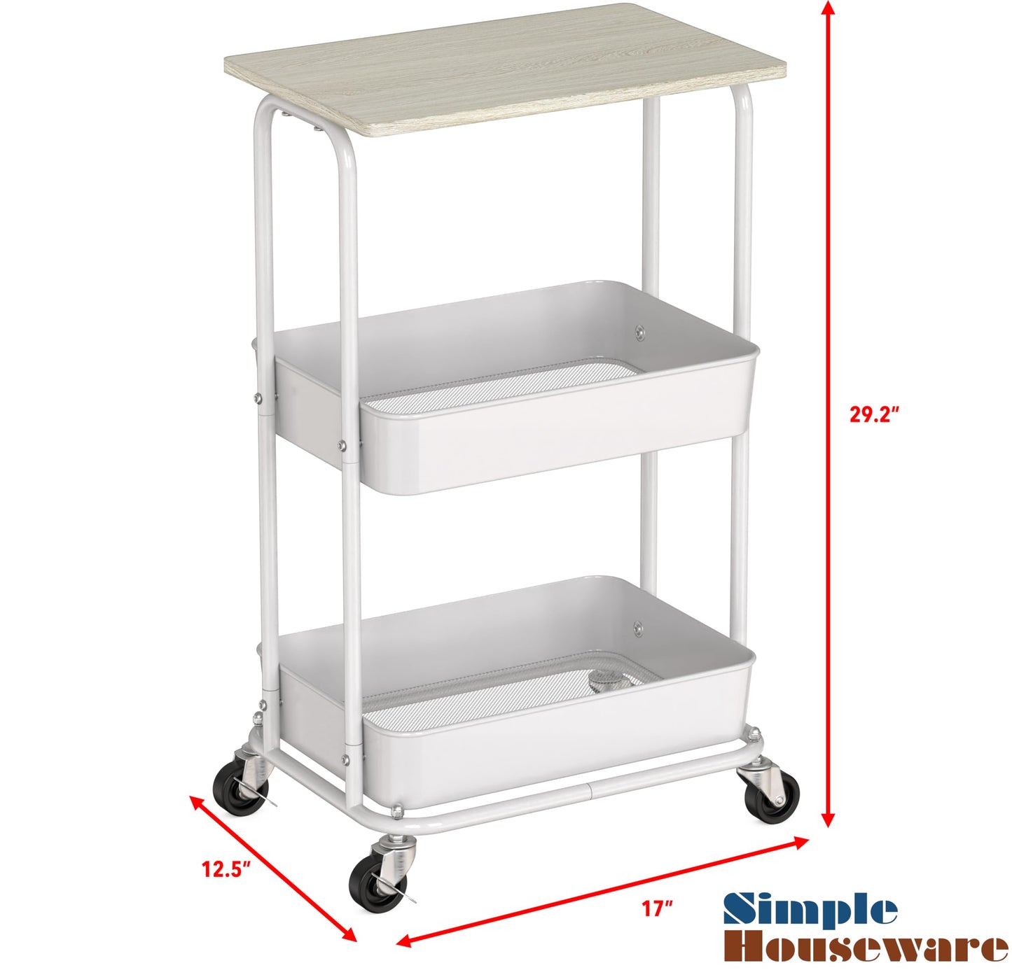 Simple Houseware 3-Tier Metal Rolling Utility Cart with Wooden Top and Lockable Wheel, Storage Organizer Trolley for Kitchen, Bathroom, Office, Craft Room, Maple