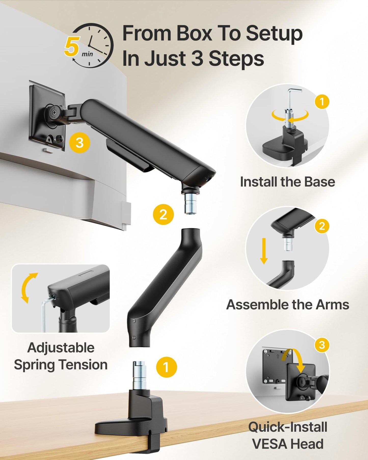 monTEK Single Monitor Arm, Mechanical Spring Monitor Arm for 17-40" Ultrawide Screens, Adjustable Monitor Desk Mount Holds up to 26.4 lbs with C Clamp/Grommet Desk Mount, VESA 75/100mm, MA1011BK