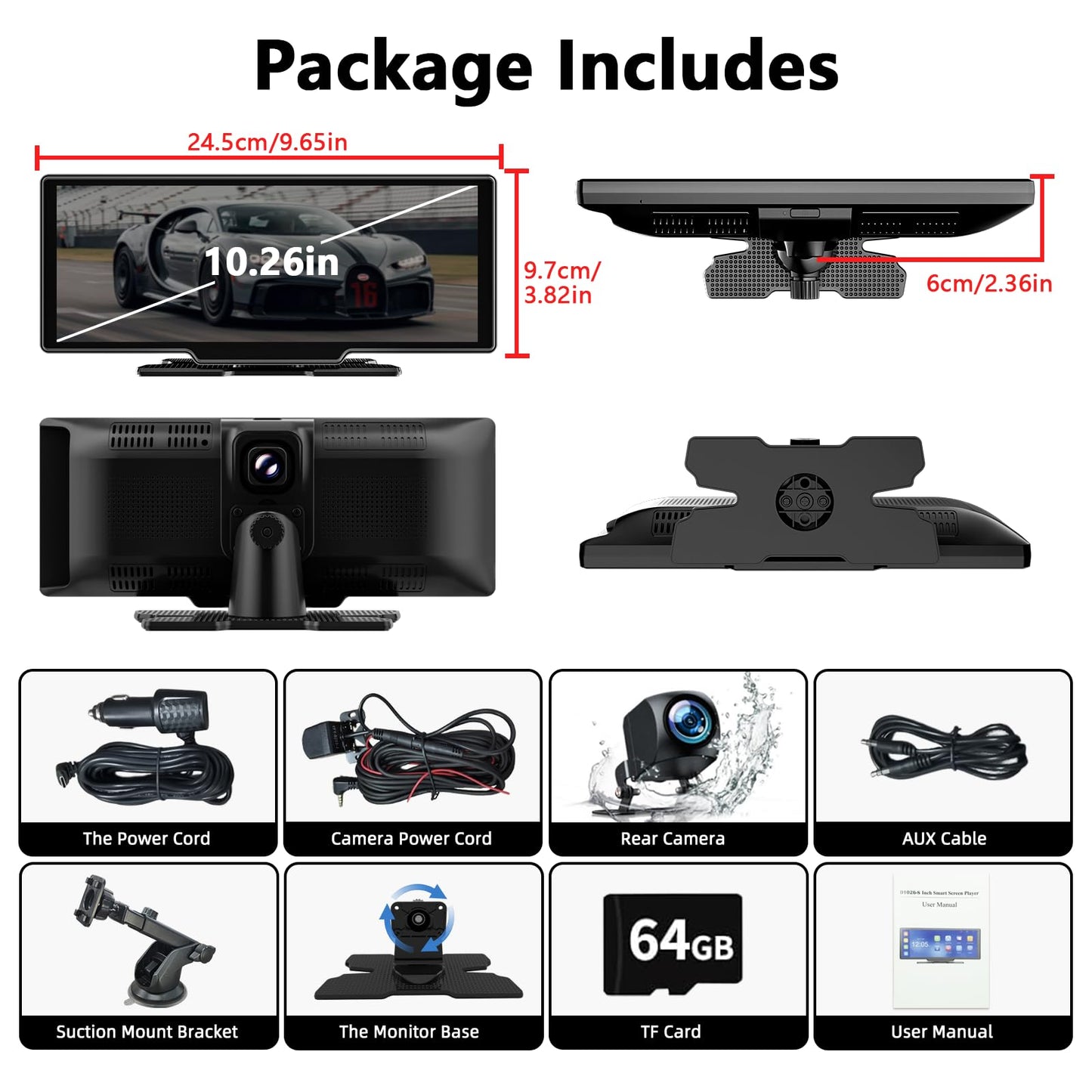 10.26 Inch Wireless Apple Carplay Screen for Car, Apple Car Play and Android Auto Screen with 4K Dash Cam Front and Rear Camera HD 1080P/FM/AUX/64G TF/Mirror Link/Voice Control/GPS Navigation